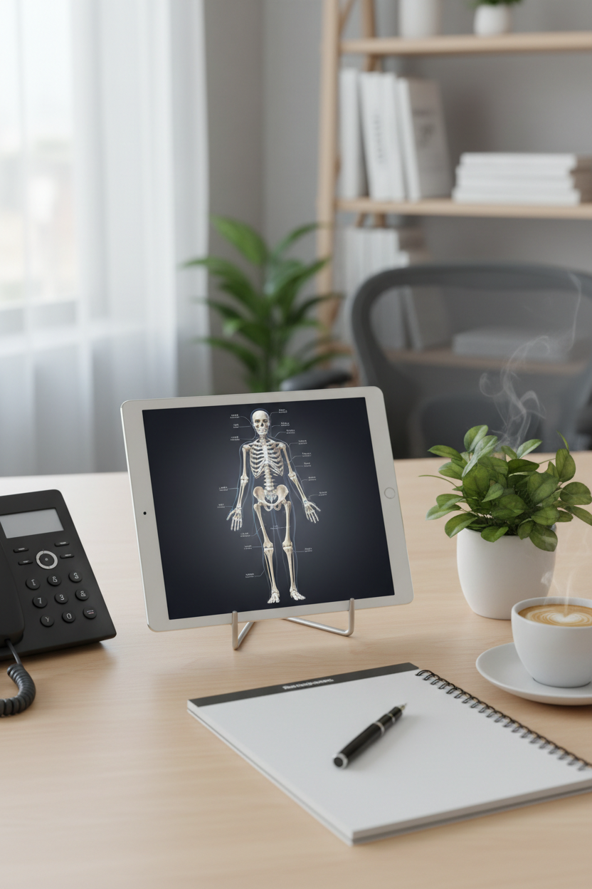 A tablet on a stand displays a human skeleton diagram on a wooden office desk next to a notepad, a pen, a telephone, and a steaming cup of coffee.